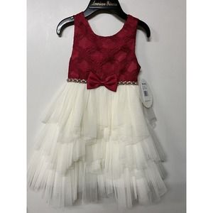 Formal Dress Girls 6 Burgundy & Ivory rhinestone Shiny Tulle Flower Girl Pageant